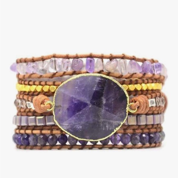 Jewelry - CLEARANCE Boho Handmade Wrap Leather Tube Crystal Stone Bracelet Amethyst stone.